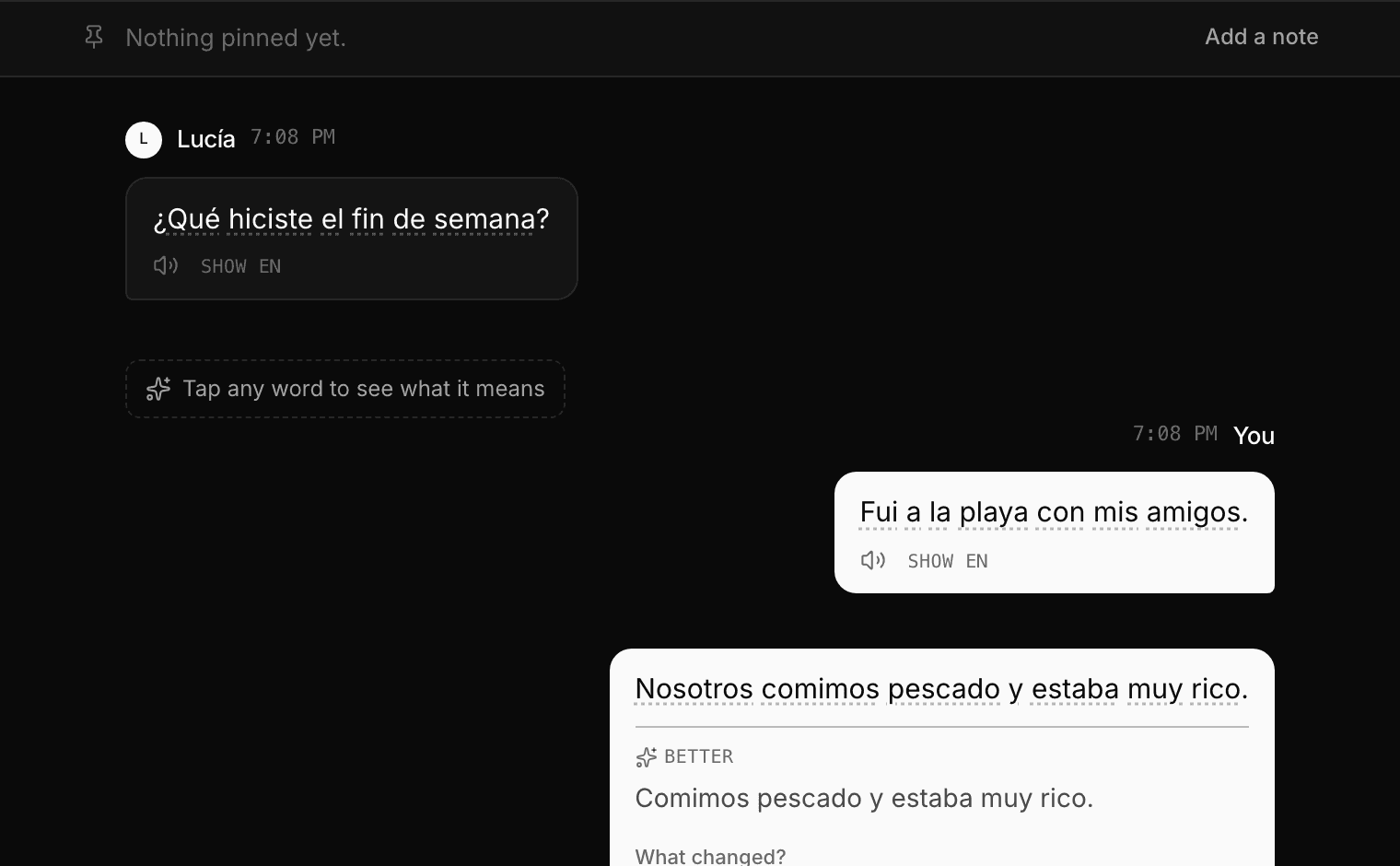A conversation in a language being learned, with a correction on your own message
