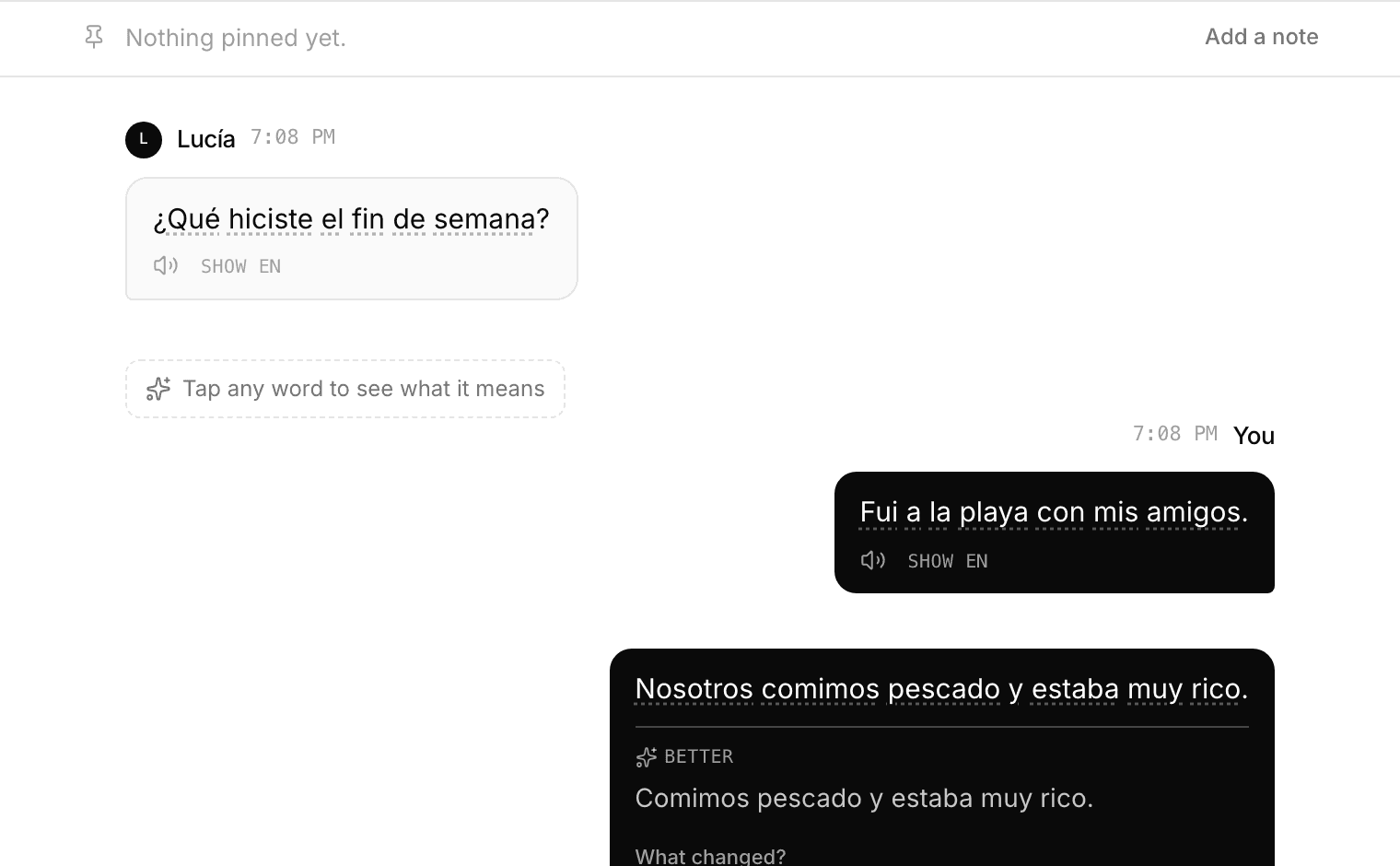 A conversation in a language being learned, with a correction on your own message