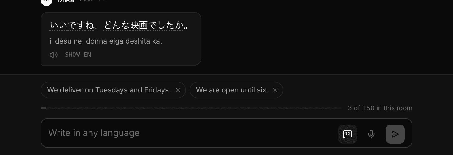 Two saved answers shown as chips above the message box
